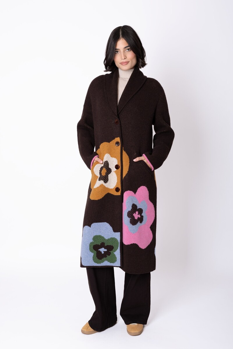IVKO - Coat Imprint Bloom Chocolate | Manteau Extravagant en 80 % Laine et 20 % Nylon