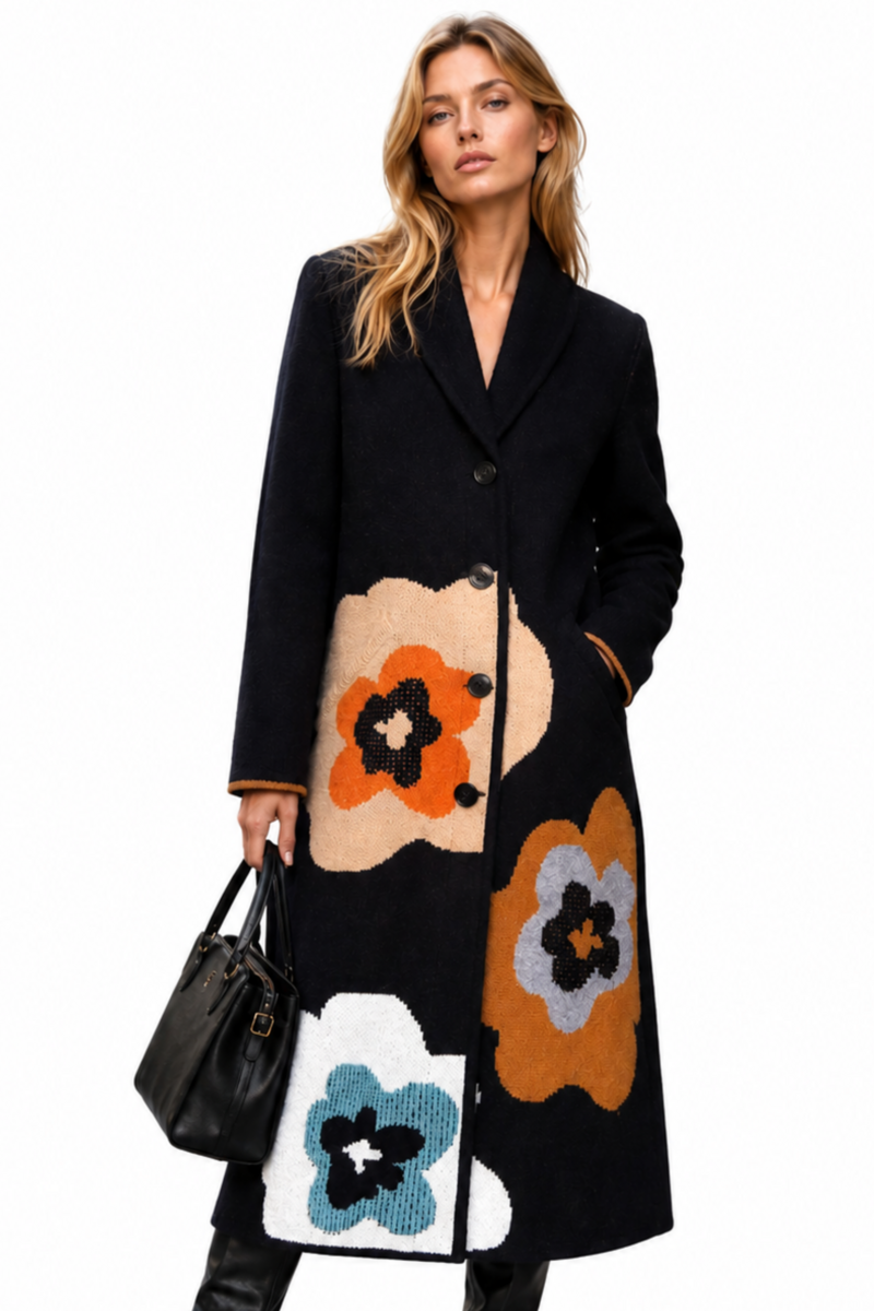 IVKO - Coat Imprint Bloom Black| Extravagante Mantel van 80% Wol en 20% Nylon