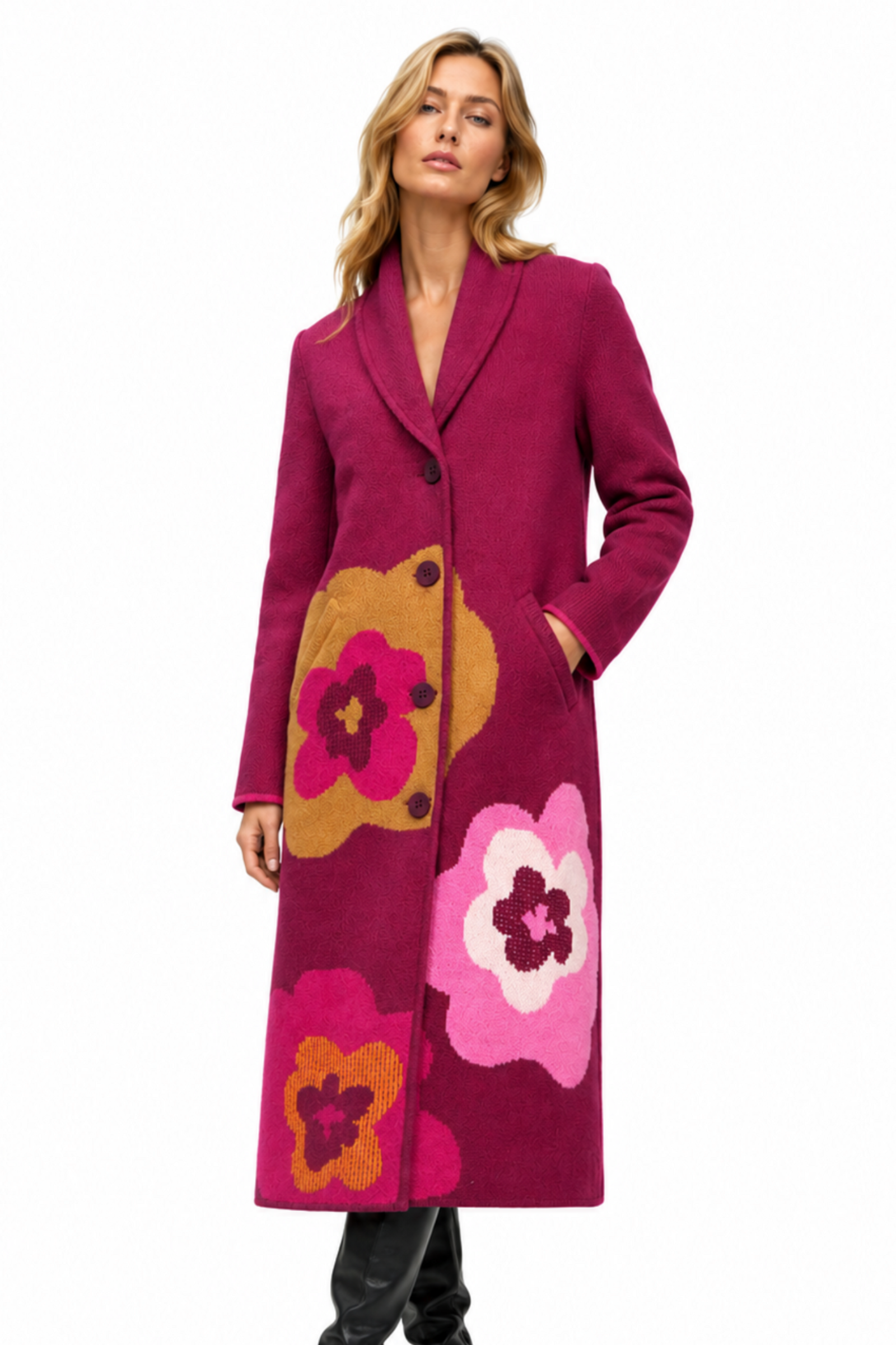 IVKO  Woman IVKO - Coat Imprint Bloom Cherry | Extravagant Coat of 80% Wool and 20% Nylon