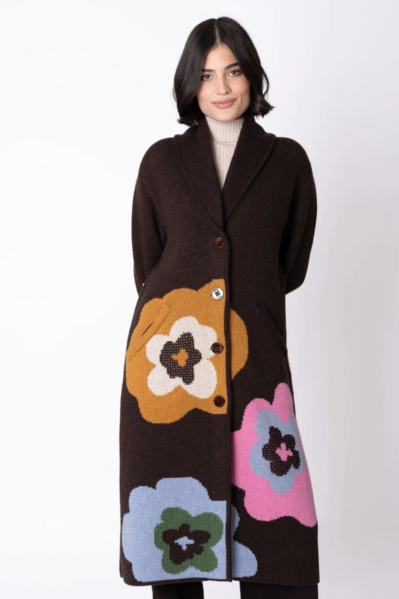 IVKO - Coat Imprint Bloom Chocolate | Extravagante Mantel van 80% Wol en 20% Nylon