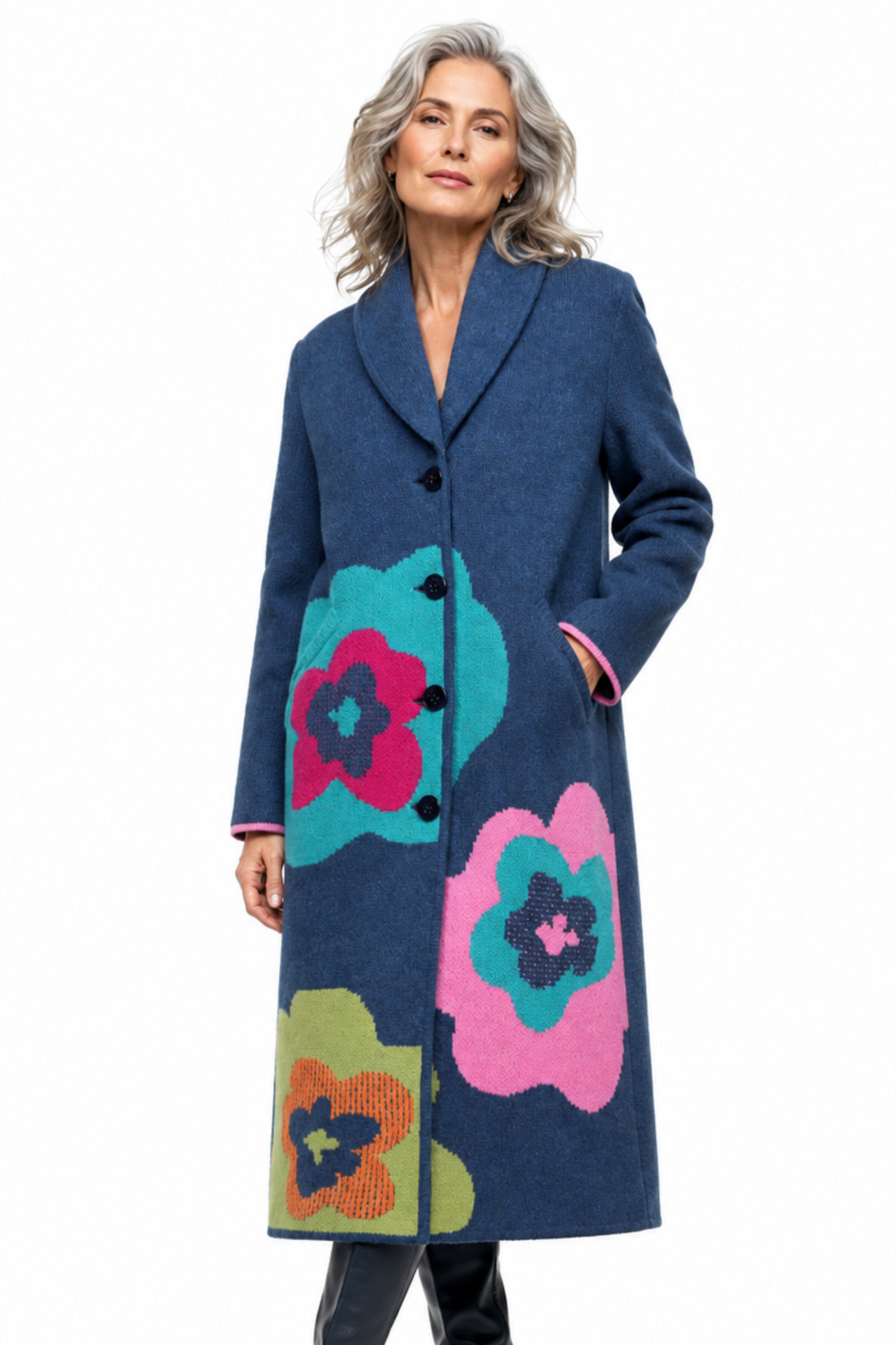 IVKO  Woman IVKO - Coat Imprint Bloom Petrol | Extravagante Mantel van 80% Wol en 20% Nylon