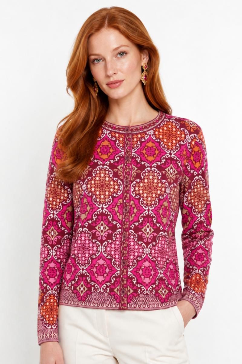 IVKO - Cardigan Azulejo Cherry | Prachtig Vest van 100% Wol met Portugese Motieven