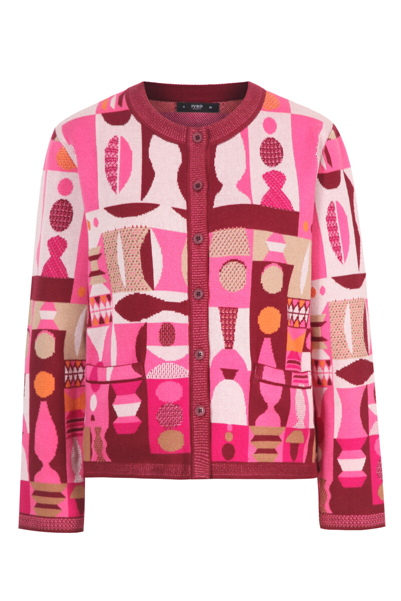 IVKO - Cardigan Abstract Geometry Cherry | Fantastisch Vest van 100% Katoen met Geometrische Patronen
