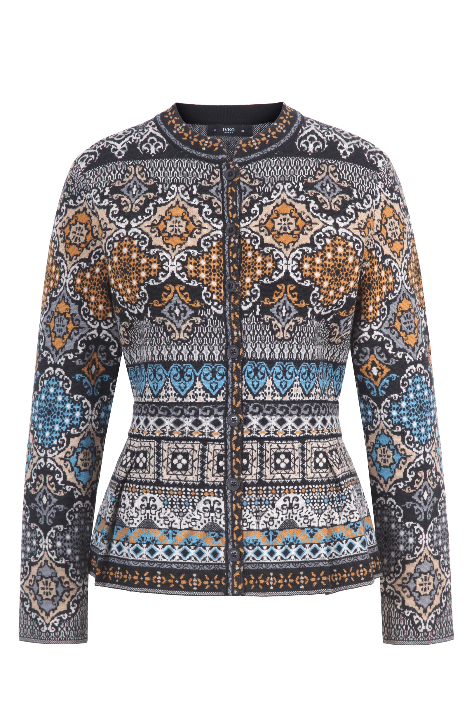 IVKO  Woman IVKO - Peplum Knit Jacket Azulejo Black | Oogverblindend Vest van 100% Wol met Portugese Motieven