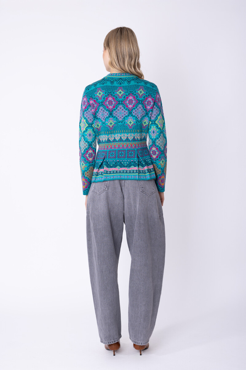 IVKO - Peplum Knit Jacket Azulejo Adria | Oogverblindend Vest van 100% Wol met Portugese Motieven