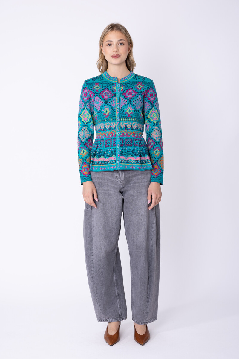 IVKO - Peplum Knit Jacket Azulejo Adria | Stunning Cardigan 100% Wool with Portuguese Motifs