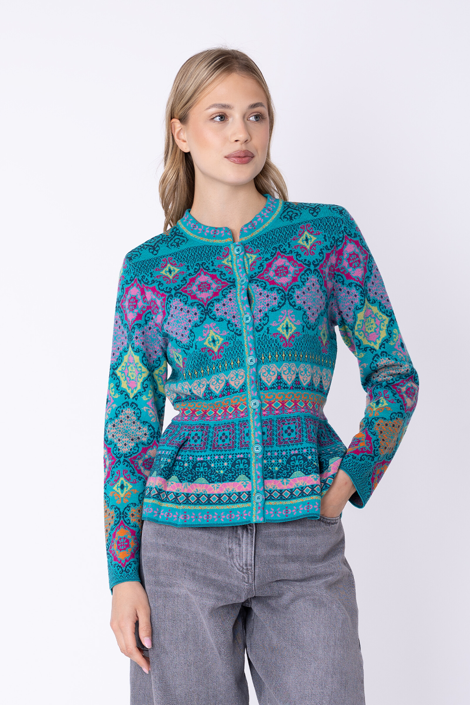 IVKO  Woman IVKO - Peplum Knit Jacket Azulejo Adria | Oogverblindend Vest van 100% Wol met Portugese Motieven