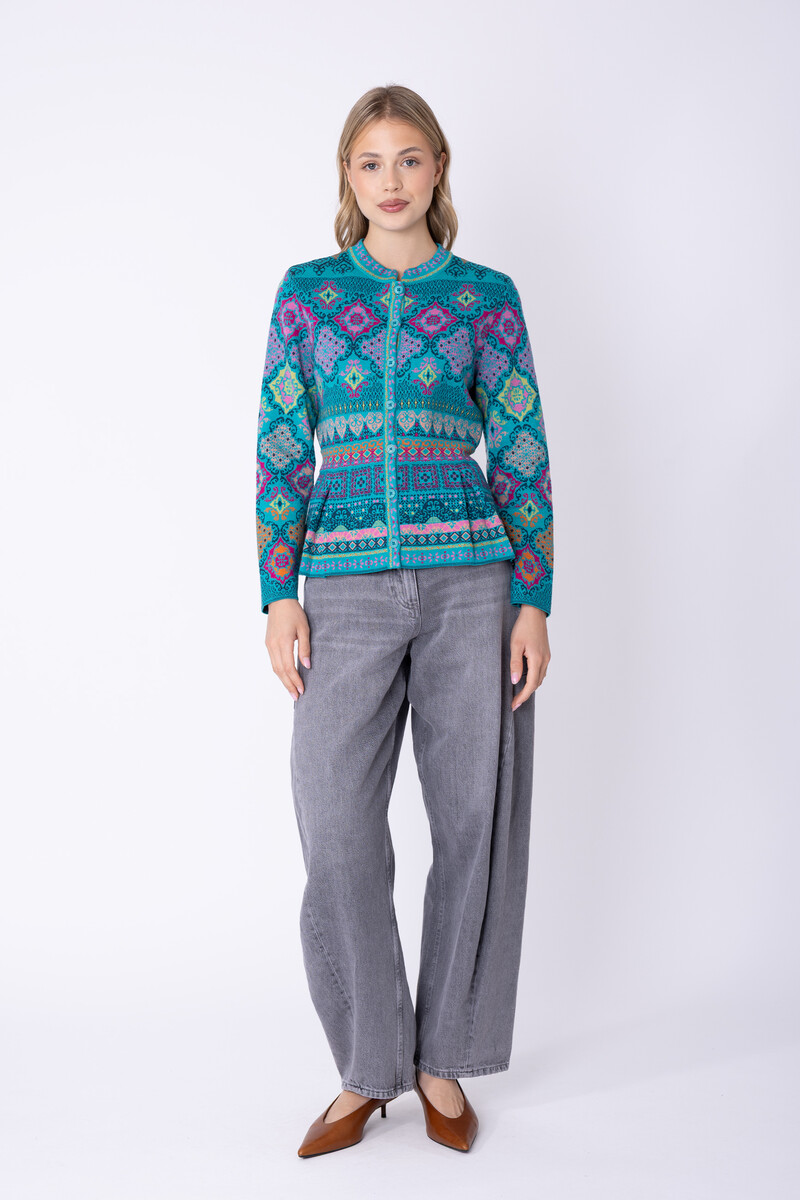 IVKO - Peplum Knit Jacket Azulejo Adria | Oogverblindend Vest van 100% Wol met Portugese Motieven