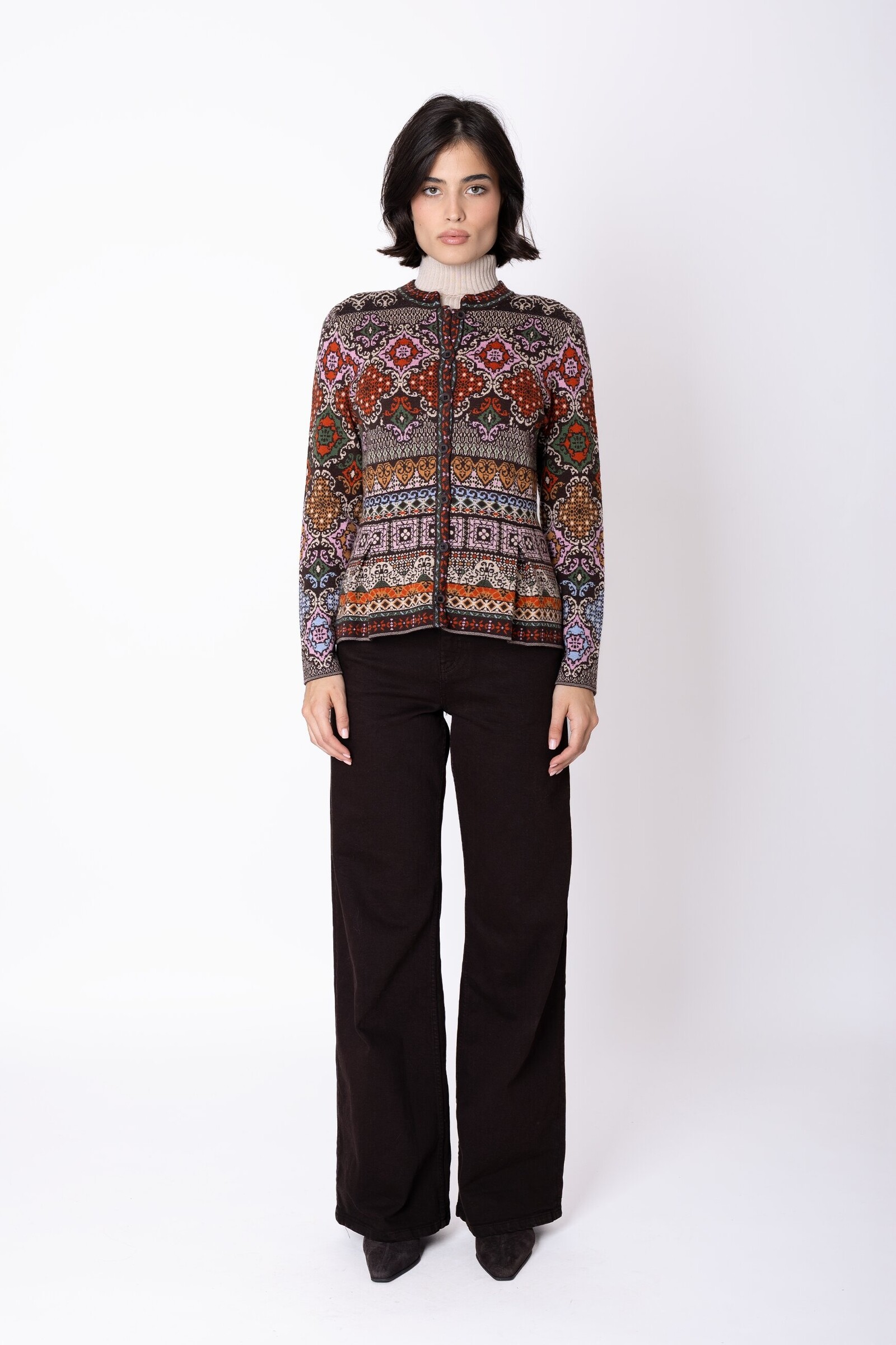 IVKO  Woman IVKO - Peplum Knit Jacket Azulejo Chocolate | Oogverblindend Vest van 100% Wol met Portugese Motieven