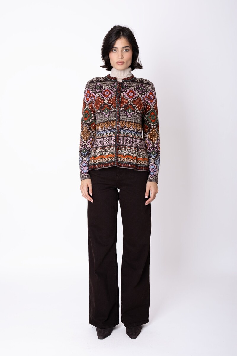 IVKO - Peplum Knit Jacket Azulejo Chocolate | Oogverblindend Vest van 100% Wol met Portugese Motieven
