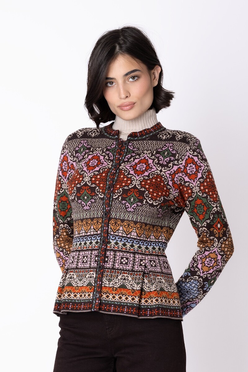 IVKO - Peplum Knit Jacket Azulejo Chocolate | Oogverblindend Vest van 100% Wol met Portugese Motieven