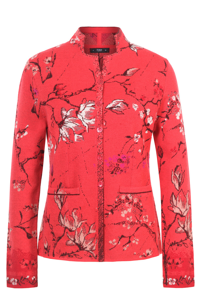 IVKO - Jacquard Jacket Cherry Blossom Pattern Coral | Duurzaam Vest van 100% Biologische Wol