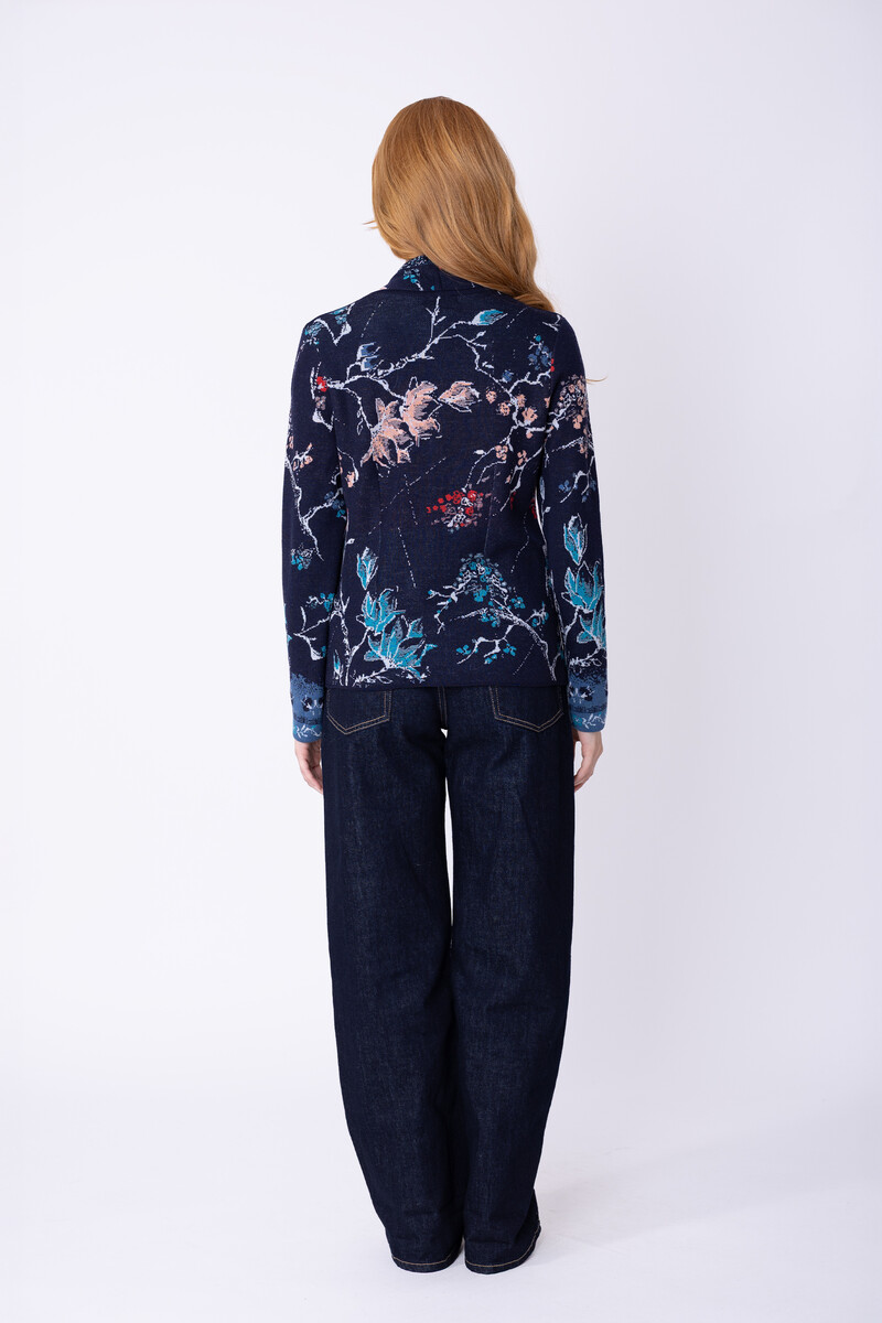 IVKO - Jacquard Jacket Cherry Blossom Pattern Marine | Duurzaam Vest van 100% Biologische Wol