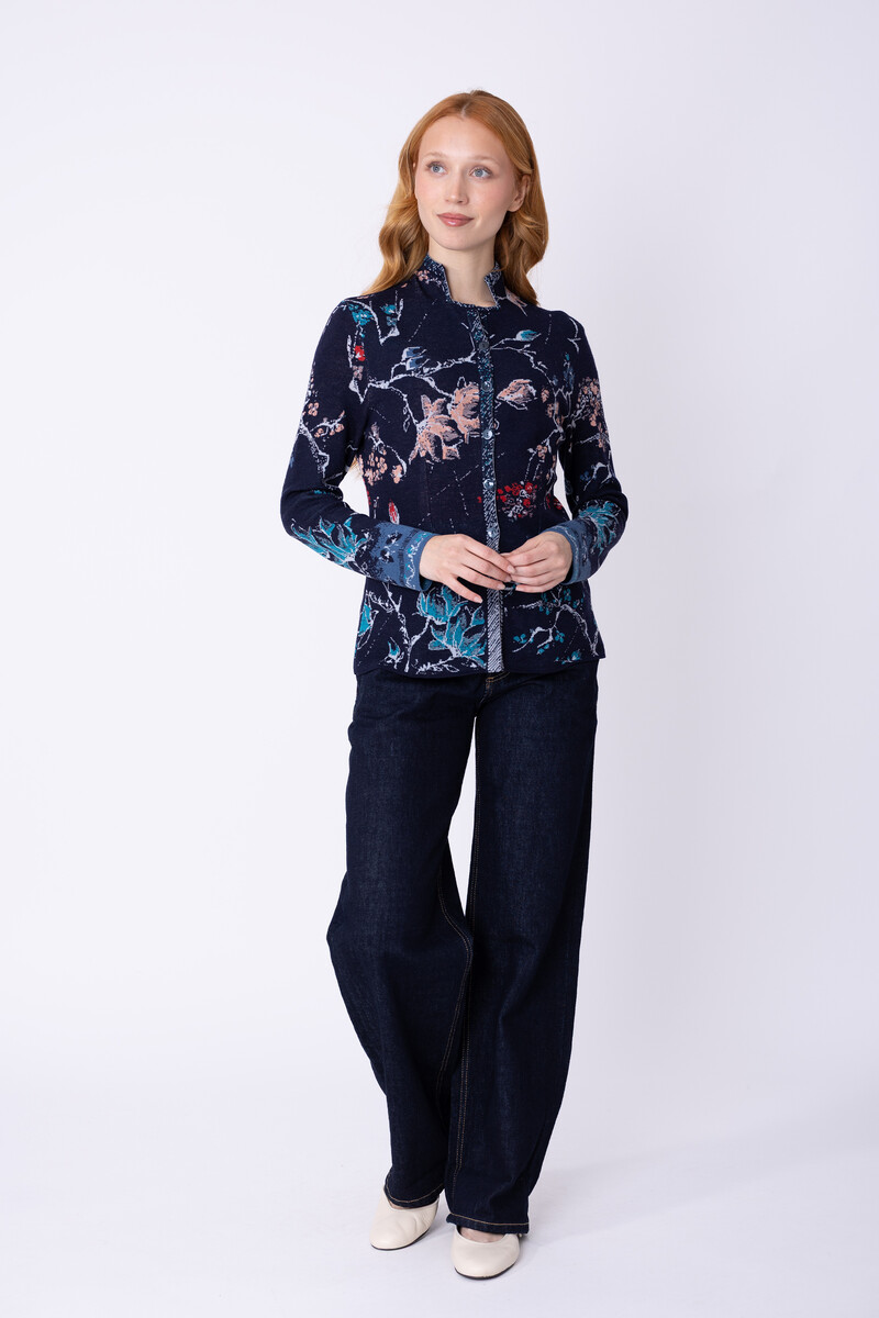 IVKO - Jacquard Jacket Cherry Blossom Pattern Marine | Duurzaam Vest van 100% Biologische Wol
