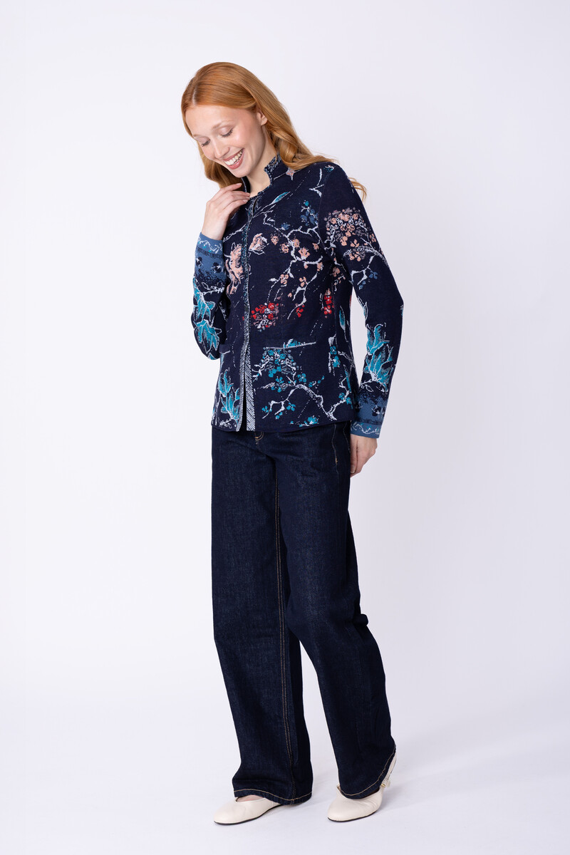 IVKO - Jacquard Jacket Cherry Blossom Pattern Marine | Duurzaam Vest van 100% Biologische Wol