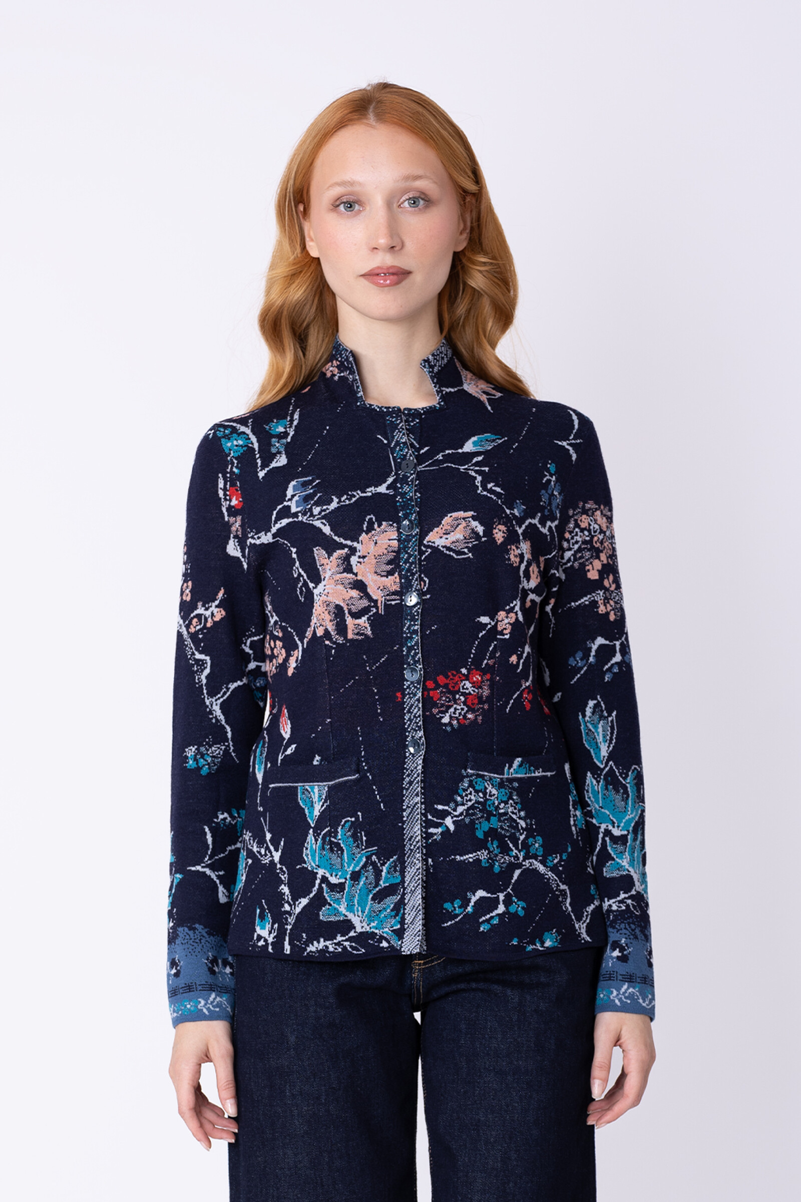 IVKO  Woman IVKO - Jacquard Jacket Cherry Blossom Pattern Marine | Duurzaam Vest van 100% Biologische Wol