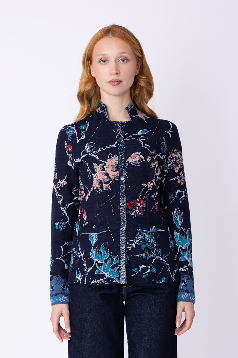 IVKO - Jacquard Jacket Cherry Blossom Pattern Marine | Duurzaam Vest van 100% Biologische Wol