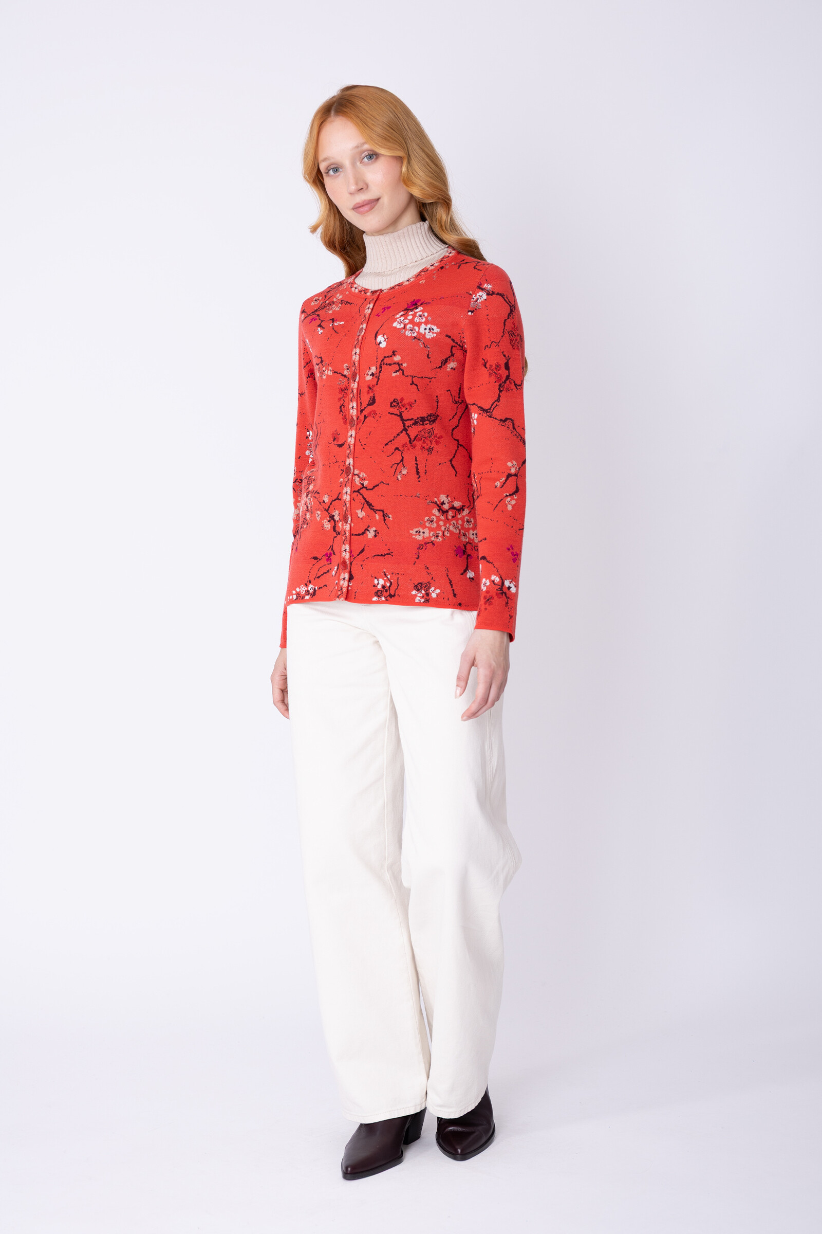 IVKO  Woman IVKO - Cardigan Cherry Blossom Pattern Coral | Duurzaam Vest van 100% Biologische Wol