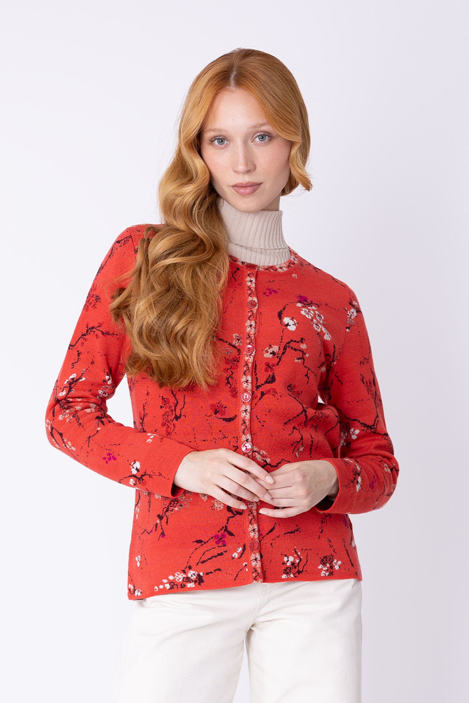 IVKO  Woman IVKO - Cardigan Cherry Blossom Pattern Coral | Duurzaam Vest van 100% Biologische Wol
