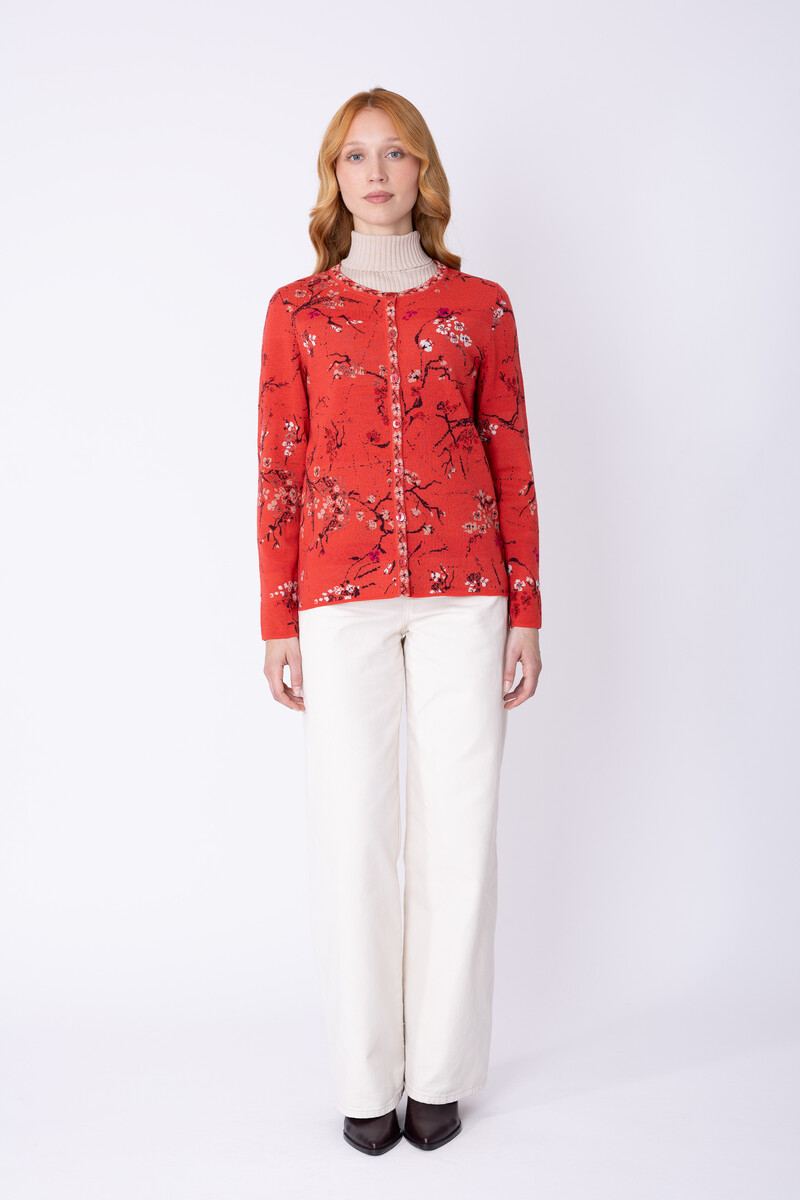 IVKO - Cardigan Cherry Blossom Pattern Coral | Duurzaam Vest van 100% Biologische Wol