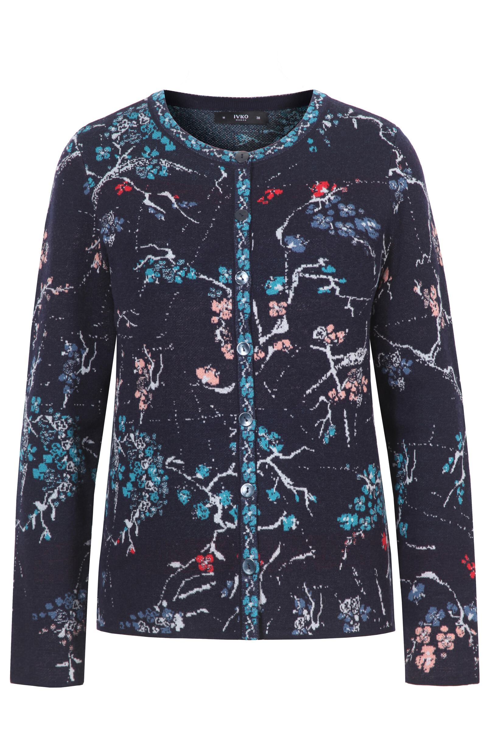 IVKO  Woman IVKO - Cardigan Cherry Blossom Pattern Marine | Duurzaam Vest van 100% Biologische Wol