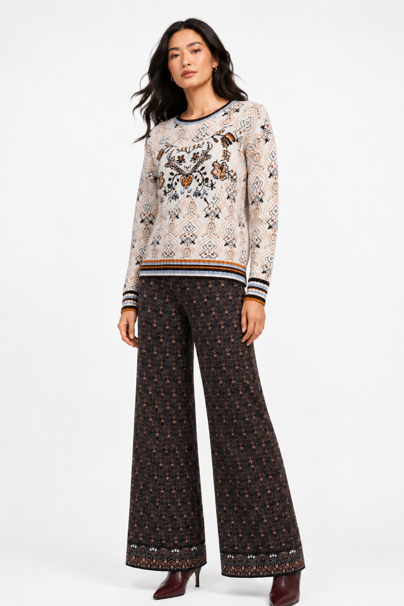 IVKO - Knit Pants Fika Floral Black | Luxurious Pants of 100% Wool with Elastic Waistband