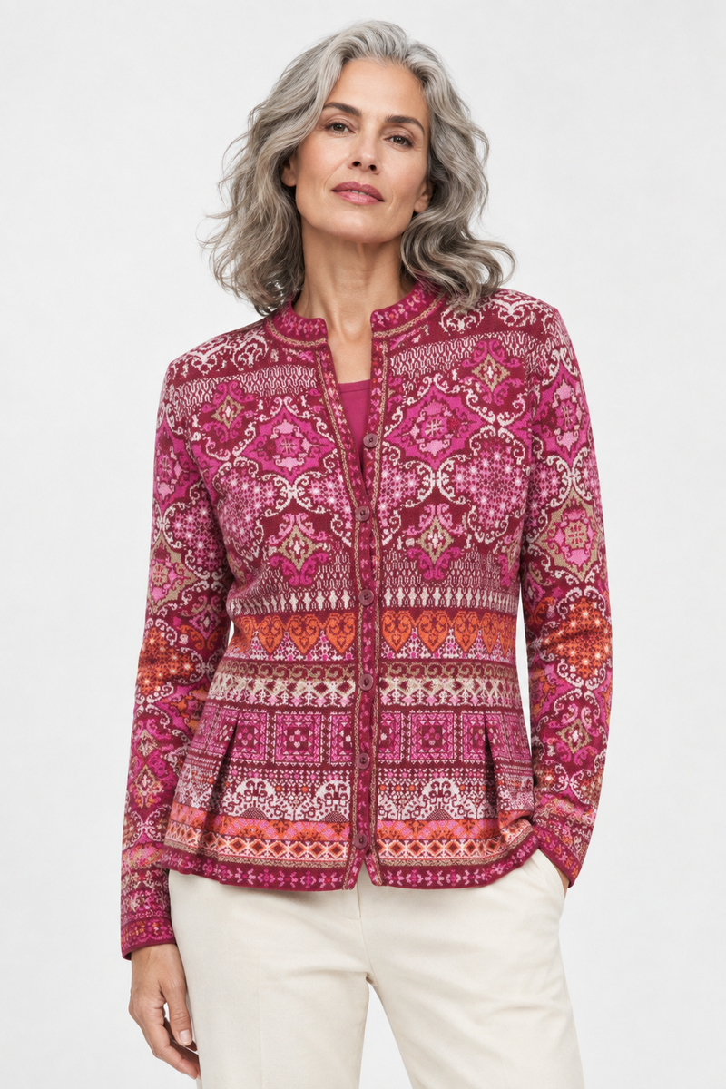 IVKO - Peplum Knit Jacket Azulejo Cherry | Oogverblindend Vest van 100% Wol met Portugese Motieven