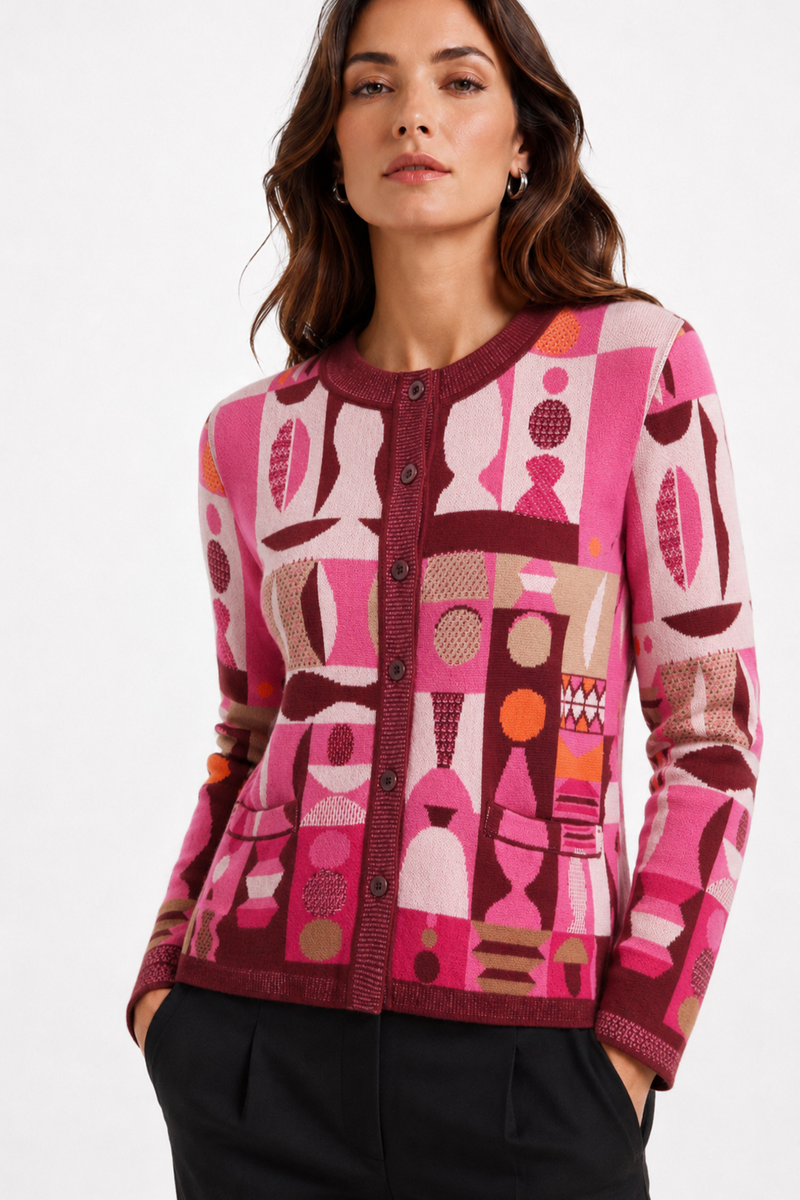 IVKO - Cardigan Abstract Geometry Cherry | Fantastisch Vest van 100% Katoen met Geometrische Patronen