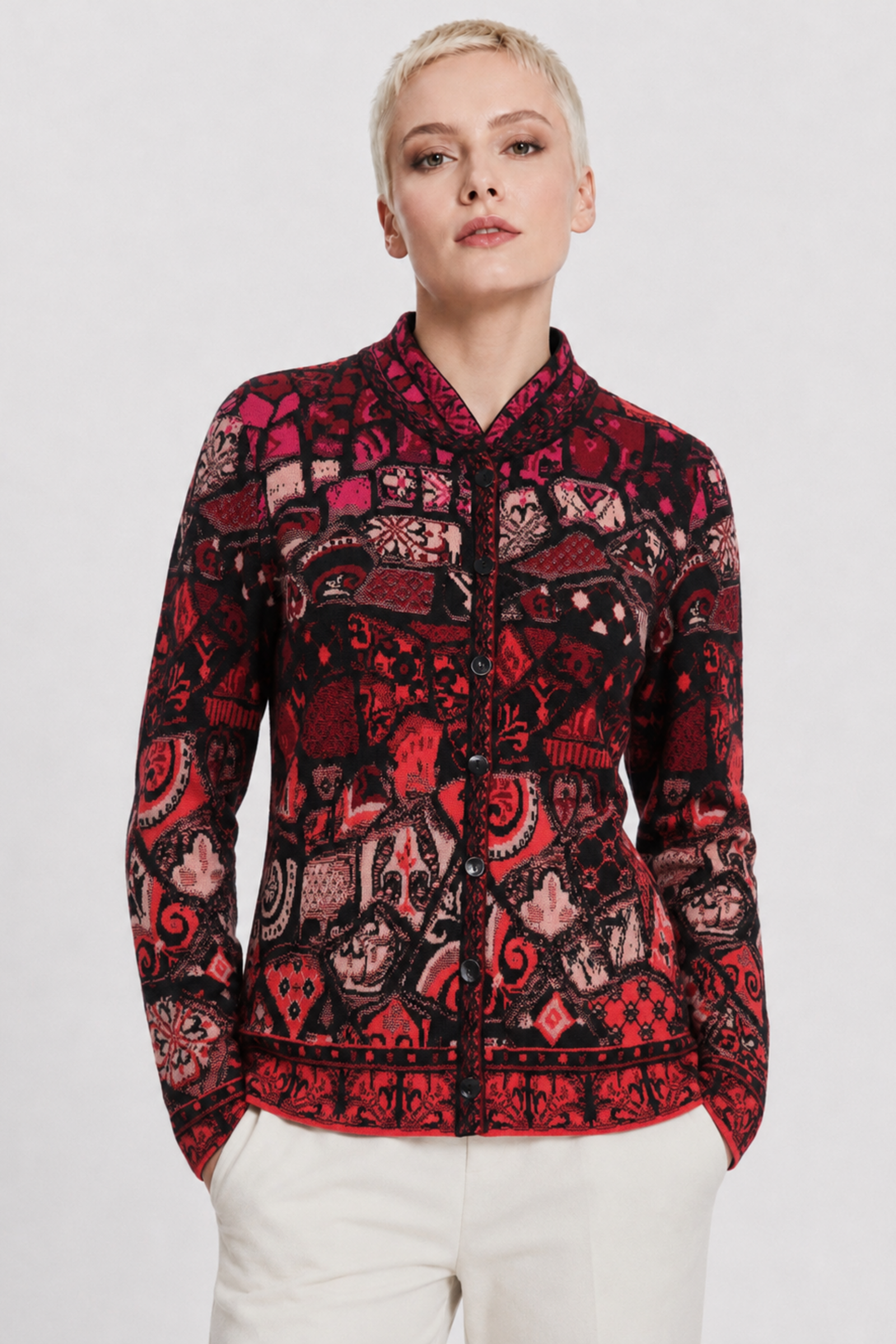 IVKO  Woman IVKO - Jacquard Jacket Trencar Pattern Chocolate Black | Sustainable Cardigan of 100% Organic Wool