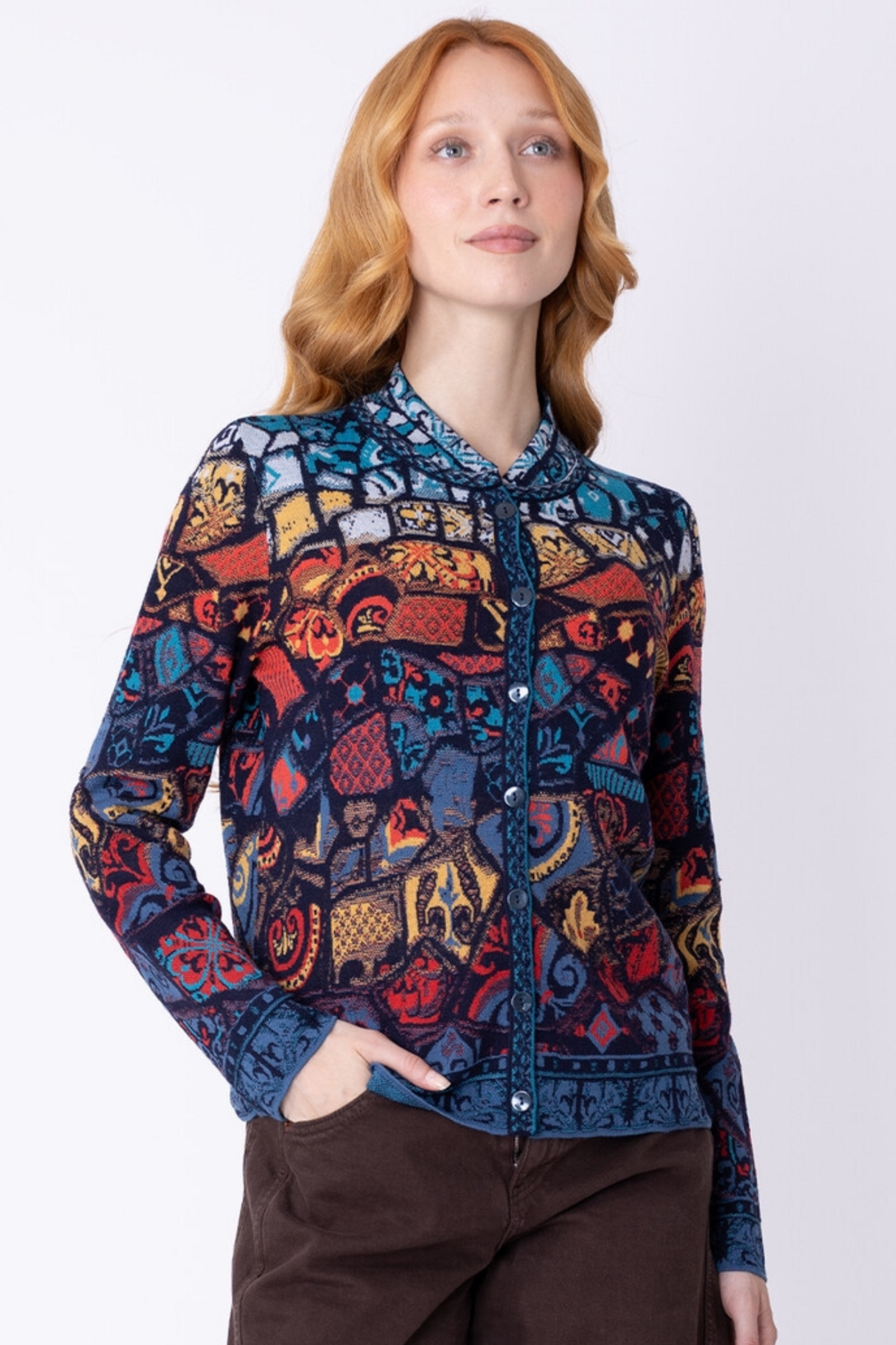 IVKO  Woman IVKO - Jacquard Jacket Trencar Pattern Marine | Sustainable Cardigan of 100% Organic Wool