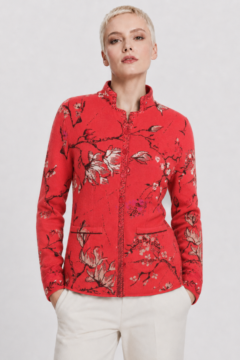 IVKO - Jacquard Jacket Cherry Blossom Pattern Coral | Sustainable Cardigan of 100% Organic Wool