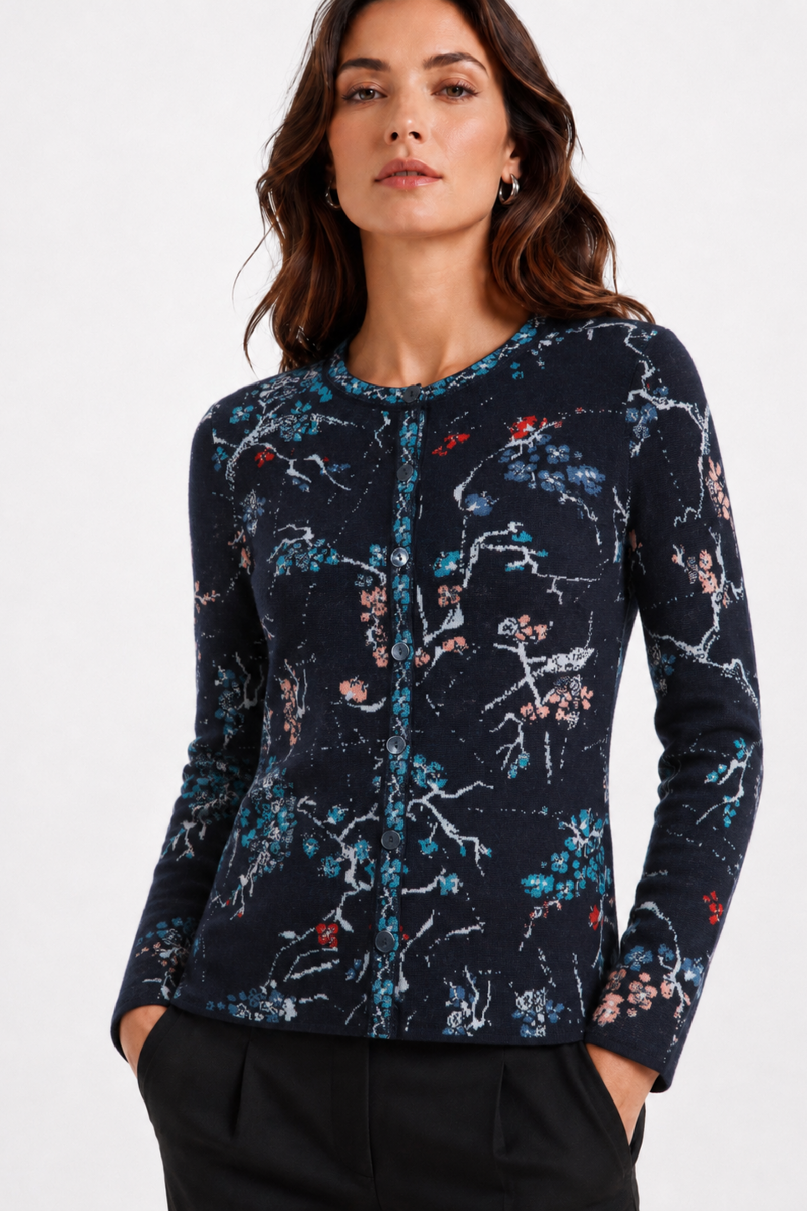 IVKO  Woman IVKO - Cardigan Cherry Blossom Pattern Marine | Duurzaam Vest van 100% Biologische Wol