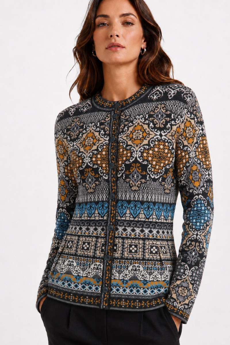 IVKO - Peplum Knit Jacket Azulejo Black | Oogverblindend Vest van 100% Wol met Portugese Motieven