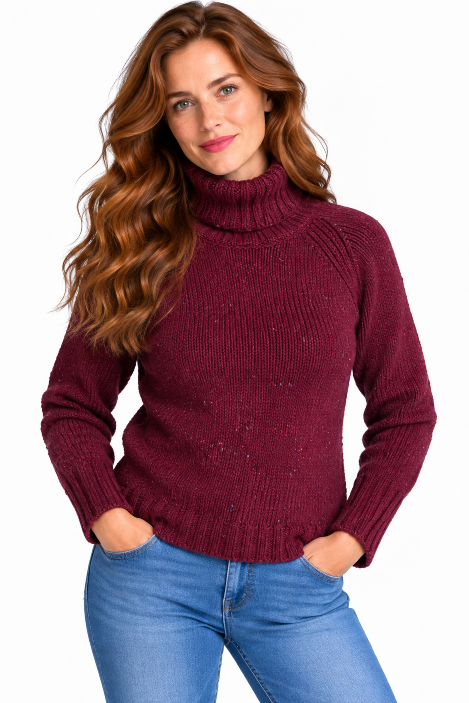 Fisherman Out of Ireland Fisherman Out of Ireland - Donegal Polo Neck Sweater Berry | Donkerrode Trui van 100% Merinowol