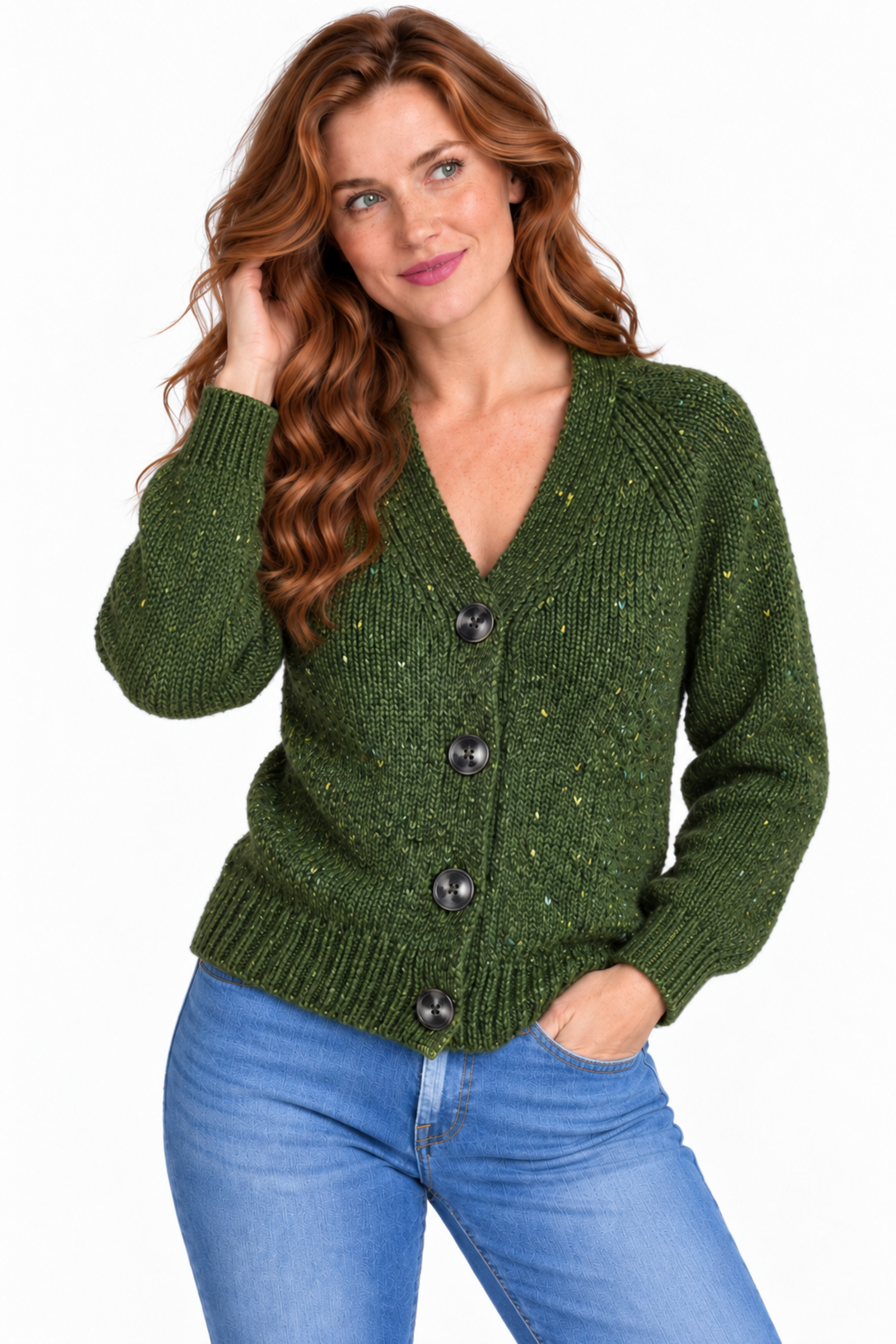 Fisherman Out of Ireland Fisherman Out of Ireland - Donegal Raglan Cable Cardigan Shamrock | Groen Vest van 100% Merinowol