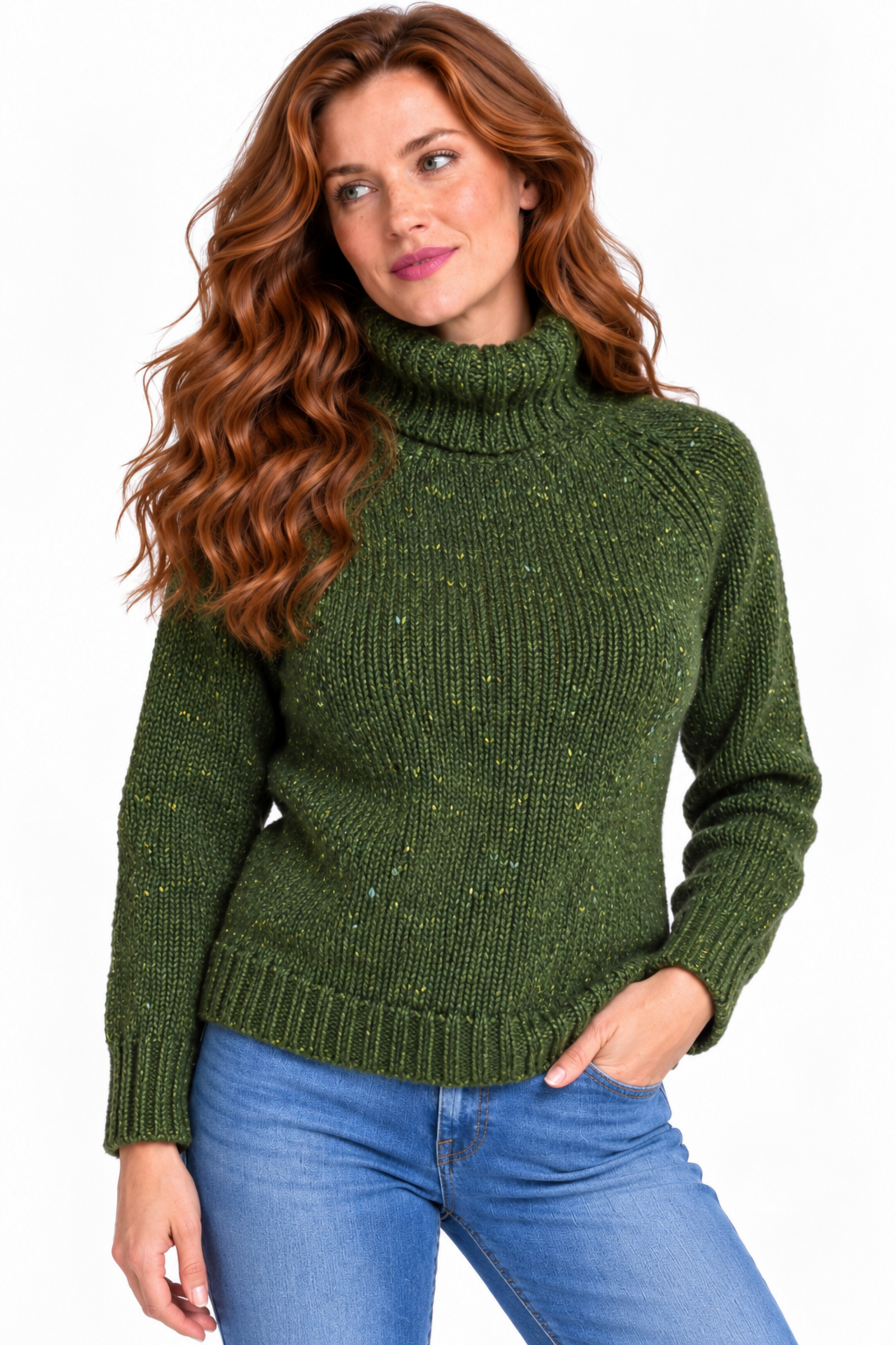 Fisherman Out of Ireland Fisherman Out of Ireland - Donegal Polo Neck Sweater Shamrock | Groene Trui van 100% Merinowol