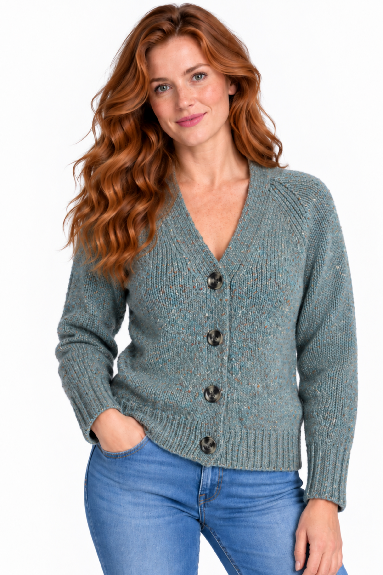 Fisherman Out of Ireland Fisherman Out of Ireland - Donegal Raglan Cable Cardigan Seafoam | Gilet Vert d'Eau en 100 % Laine Mérinos
