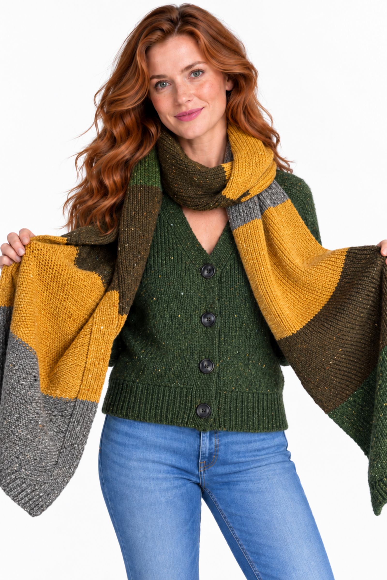 Fisherman Out of Ireland Fisherman Out of Ireland - Donegal Colour Blocked Scarf Mustard Green | Mulesing-Vrije Sjaal van 100% Merinowol