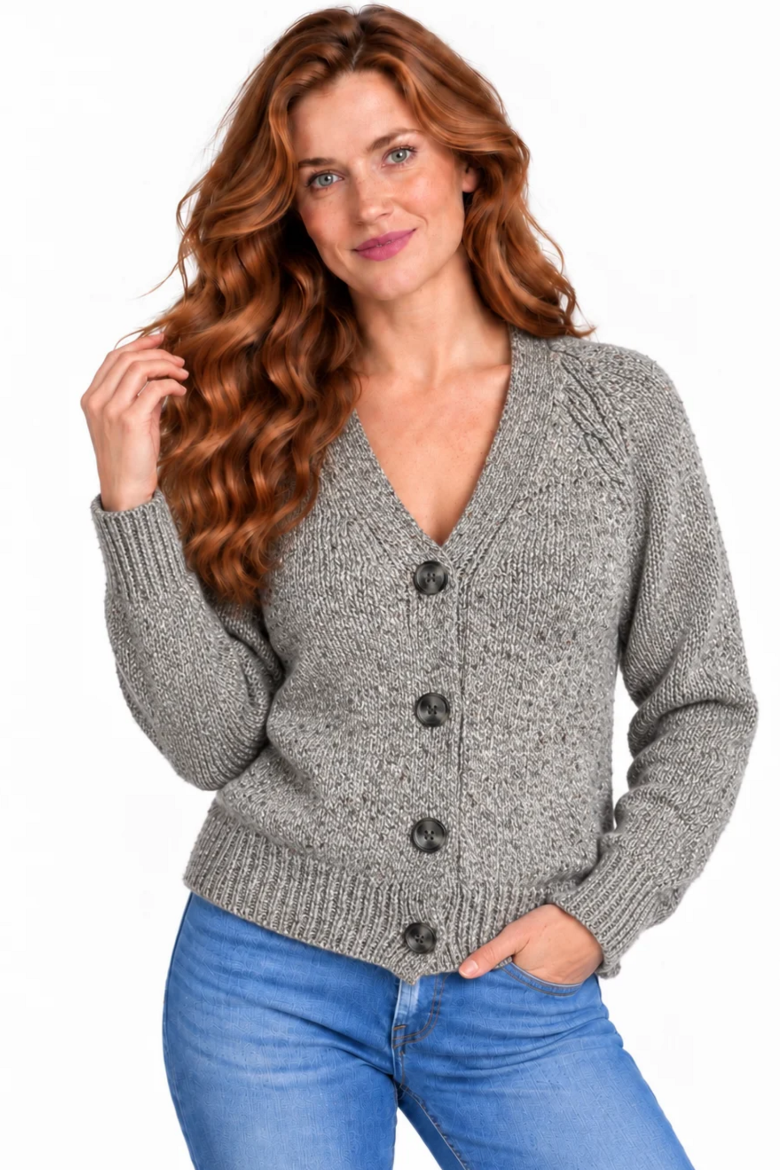 Fisherman Out of Ireland Fisherman Out of Ireland - Donegal Raglan Cable Cardigan Porridge | Grijs Vest van 100% Merinowol