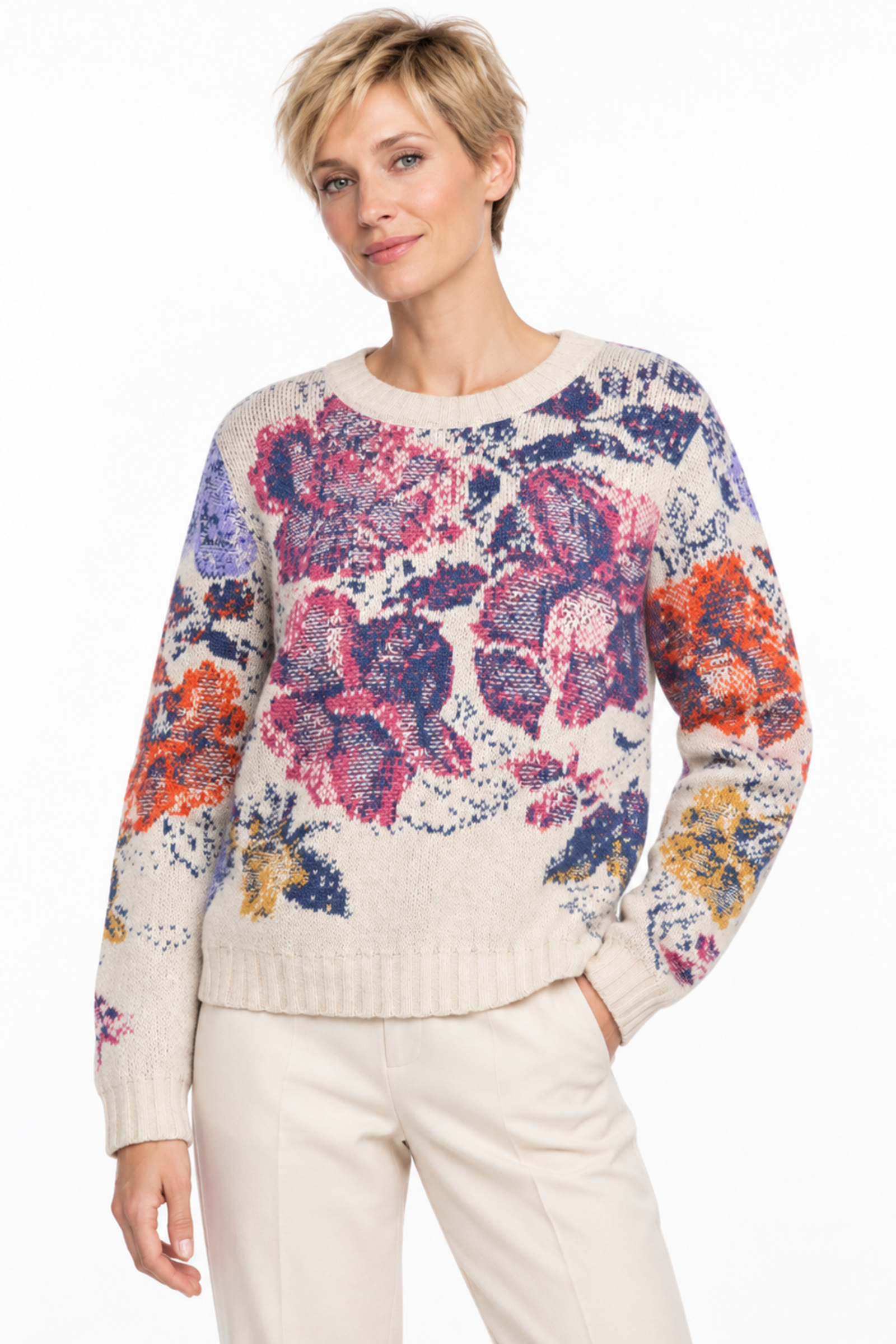 IVKO  Woman IVKO - Boat Neck Pullover Furnishing Florals Pattern Off-White | Fascinating IVKO Sweater with Floral Pattern