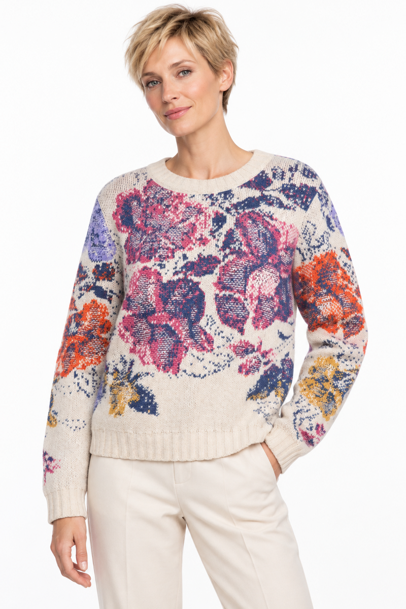 IVKO - Boat Neck Pullover Furnishing Florals Pattern Off-White | Fascinating IVKO Sweater with Floral Pattern