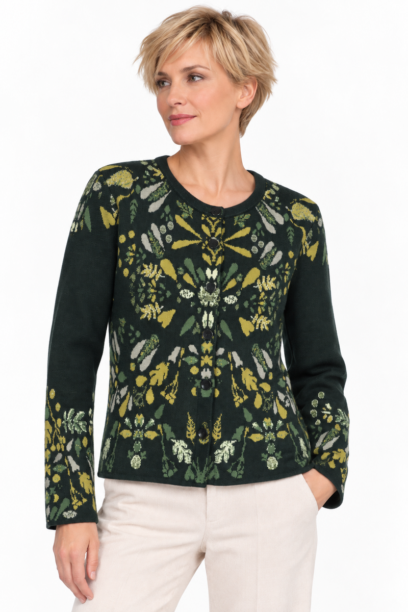 IVKO - O-Neck Cardigan Plantopia Pattern Forest | Dames Cardigan Groen Katoen met Bloemen
