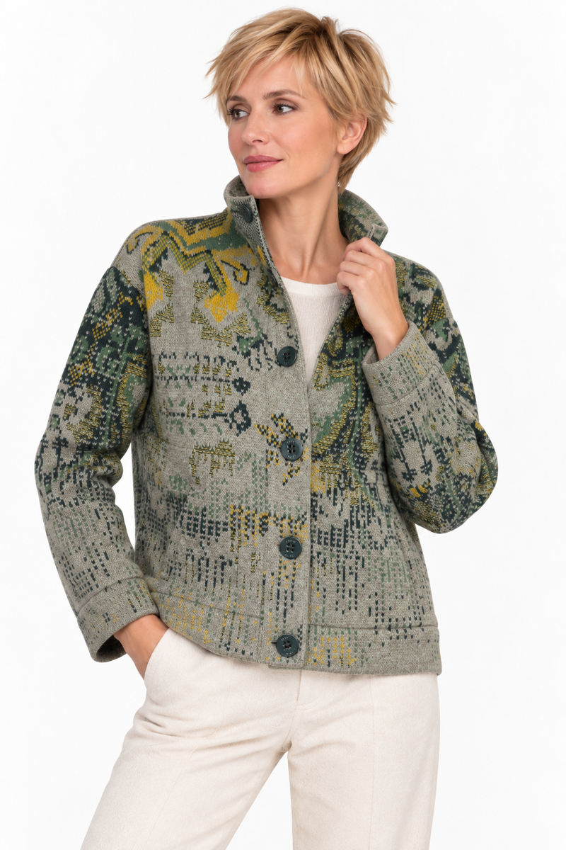 IVKO - Jacquard Roll-Neck Jacket Kilim Pattern Salvia | Ungefütterte Grüne IVKO Jacke aus Wollmischung