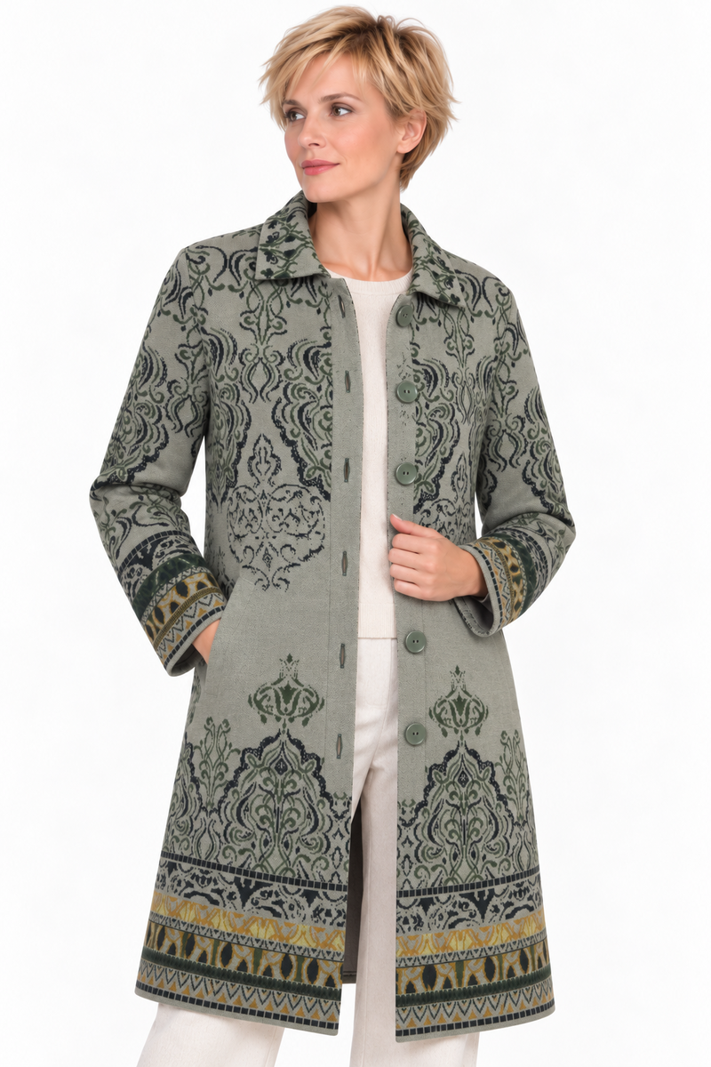 IVKO - Jacquard Coatigan Ornament Pattern Salvia | IVKO Vest van 100% Wol met Kraag