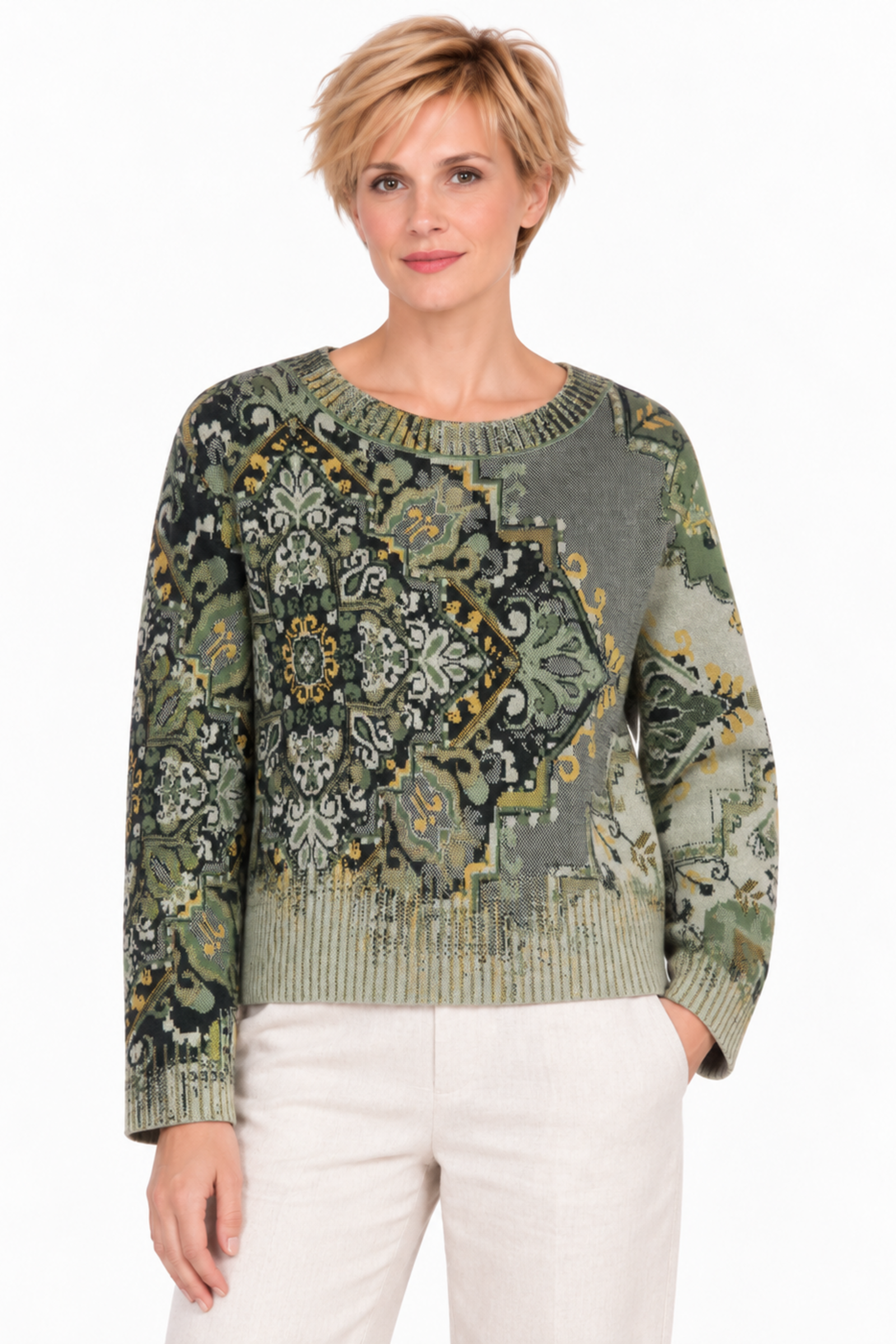 IVKO  Woman IVKO - Pullover Kilim Pattern  Salvia | Dames Gebreide Katoenen Trui Saliegroen