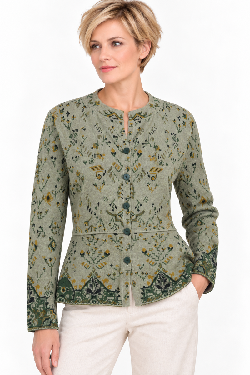 IVKO - O-Neck Jacquard Cardigan Kilim Pattern Salvia | Elegant IVKO vest met schootje
