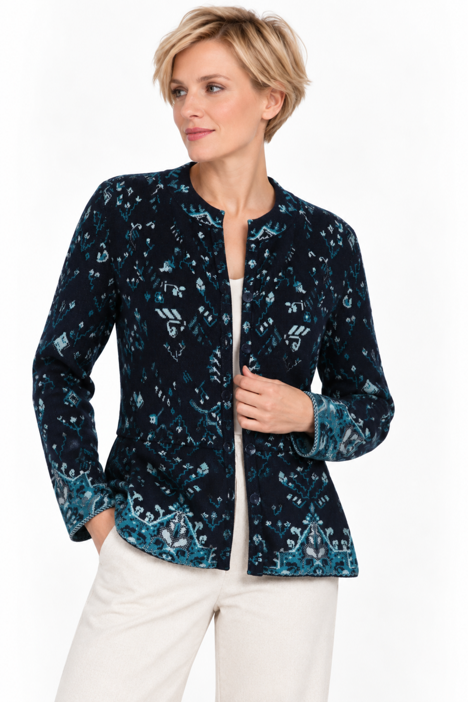 IVKO  Woman IVKO - O-Neck Jacquard Cardigan Kilim Pattern Marine | IVKO Vest met Schootje