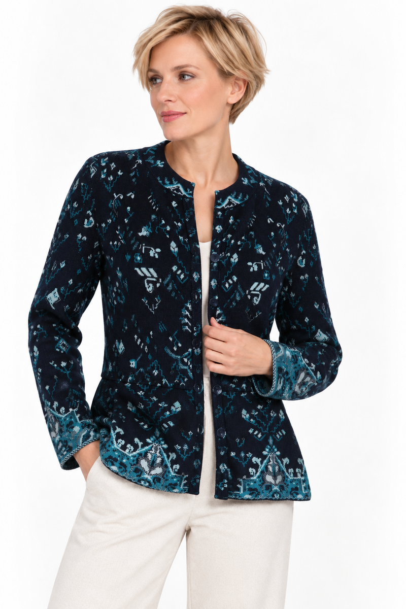 IVKO - O-Neck Jacquard Cardigan Kilim Pattern Marine | IVKO Vest met Schootje