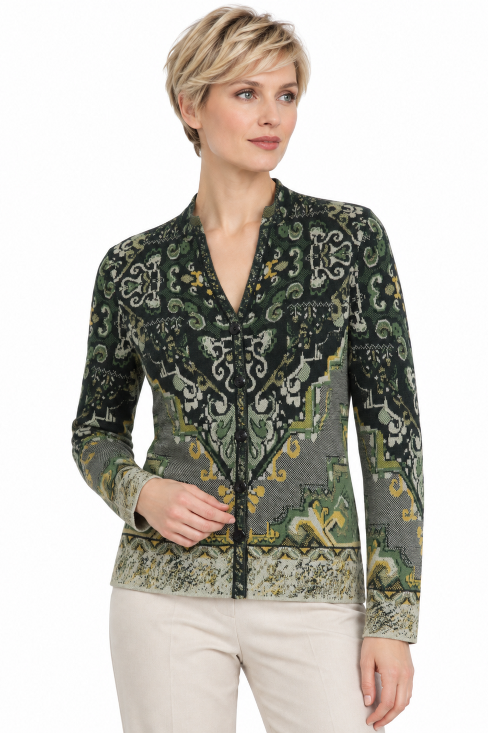 IVKO  Woman IVKO - Jacquard Cardigan Kilim Pattern Salvia | Elegant Katoenen IVKO Vest