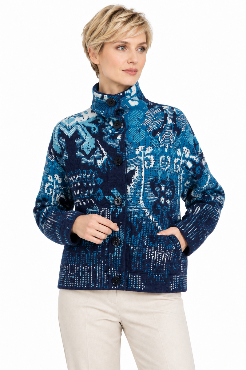 IVKO - Jacquard Roll-Neck Jacket Kilim Pattern Marine | Ungefütterte Blaue IVKO Jacke aus Wollmix